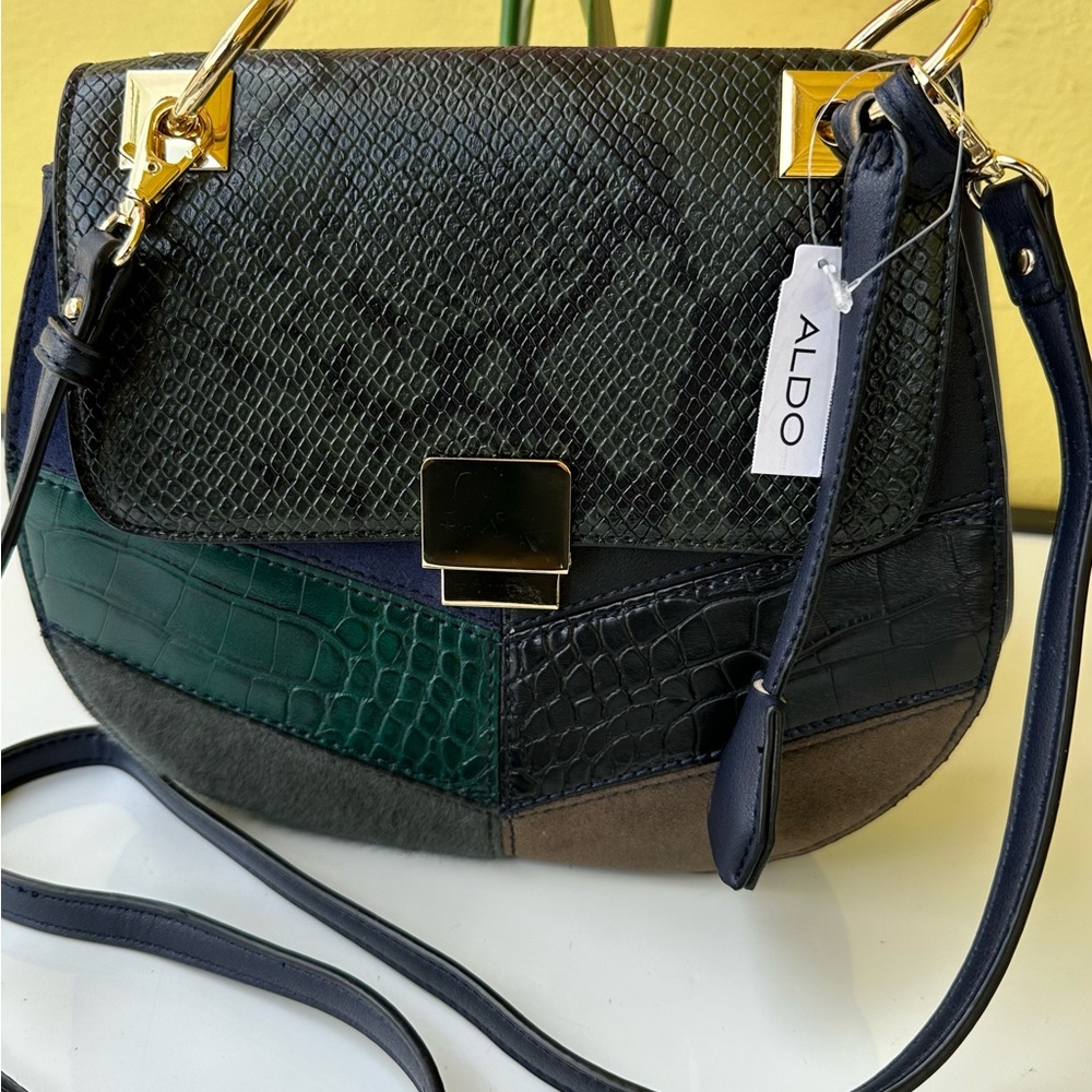ALDO Rodriguez-4 Patchwork Snakeskin Saddle Crossbody Bag NWT - Picture 2 of 14